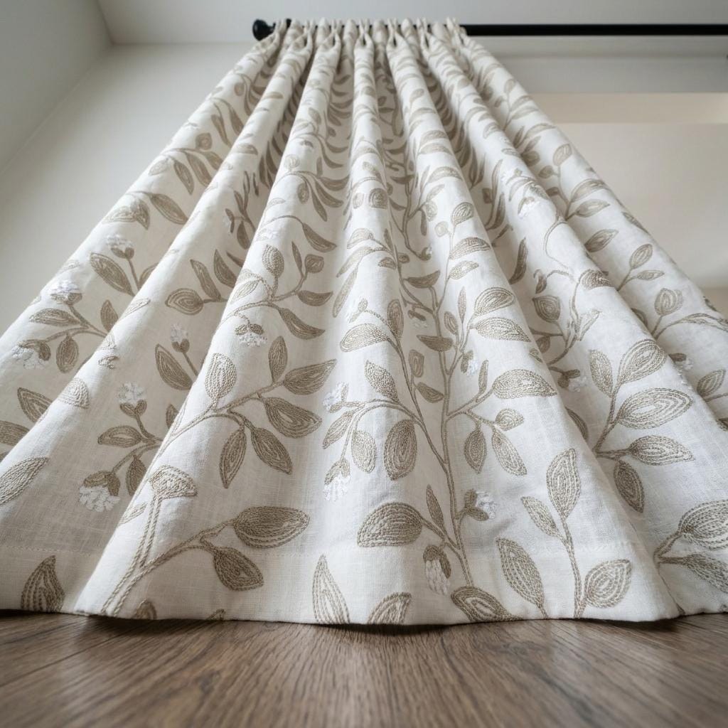 Off White Greige Linen Embroidered Curtains, Taupe Botanical Vine Drapes, Heavy Custom Blackout or Cotton Lined Panels — image 8