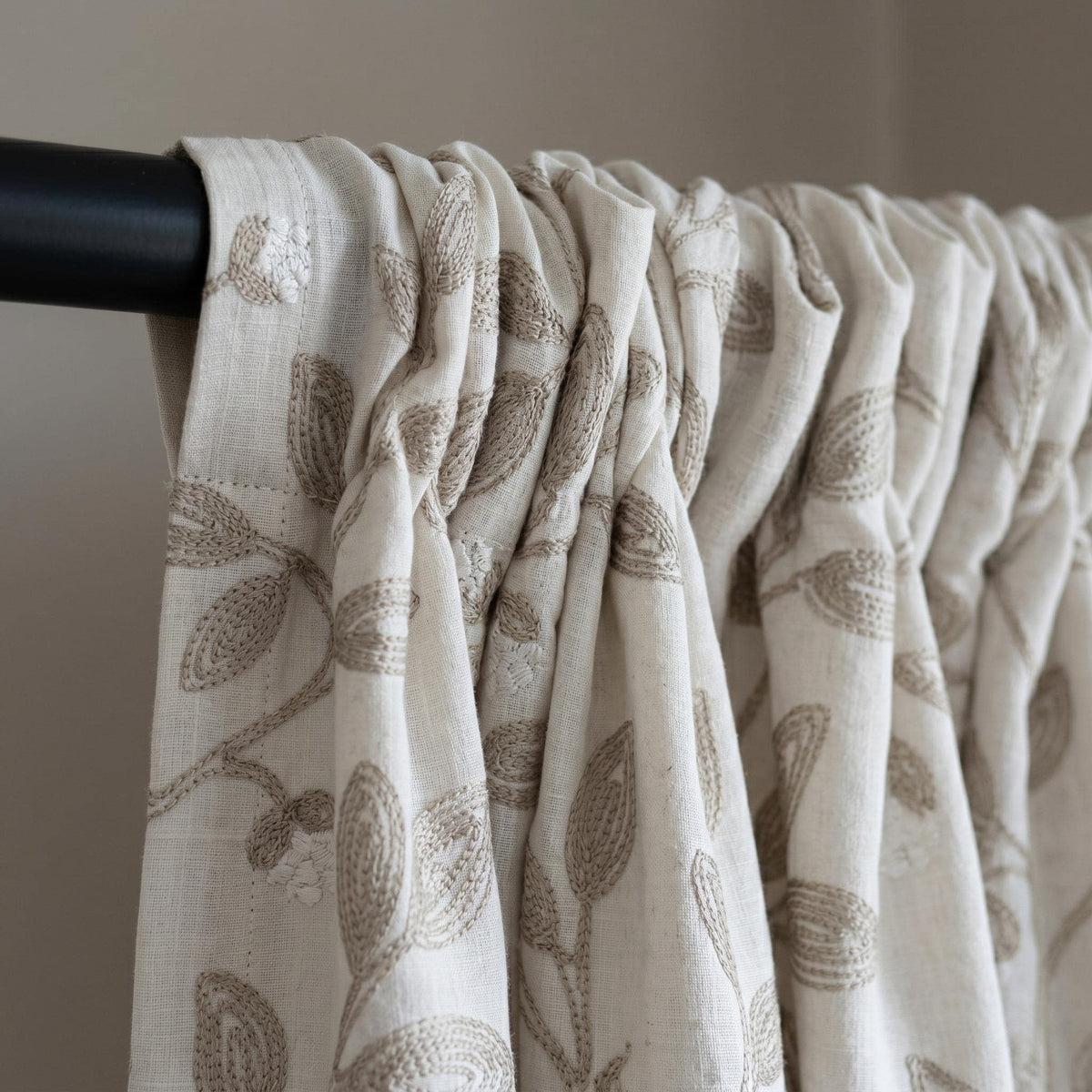 Off White Greige Linen Embroidered Curtains, Taupe Botanical Vine Drapes, Heavy Custom Blackout or Cotton Lined Panels — image 3