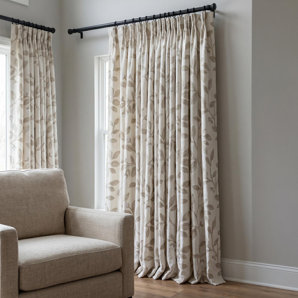 Off White Greige Linen Embroidered Curtains, Taupe Botanical Vine Drapes, Heavy Custom Blackout or Cotton Lined Panels — image 6