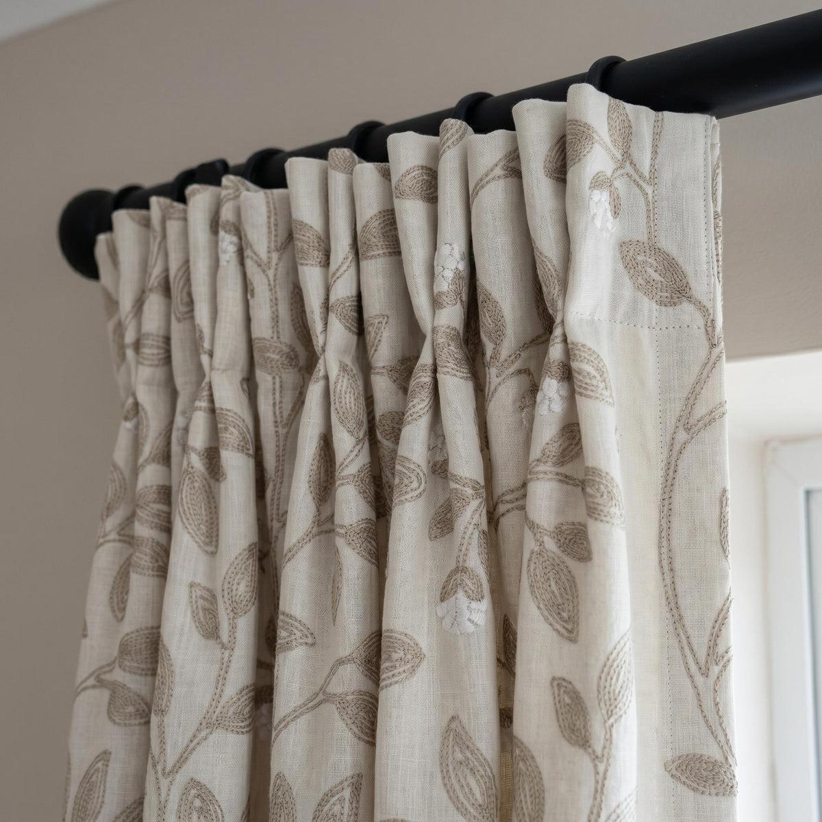Off White Greige Linen Embroidered Curtains, Taupe Botanical Vine Drapes, Heavy Custom Blackout or Cotton Lined Panels — image 9