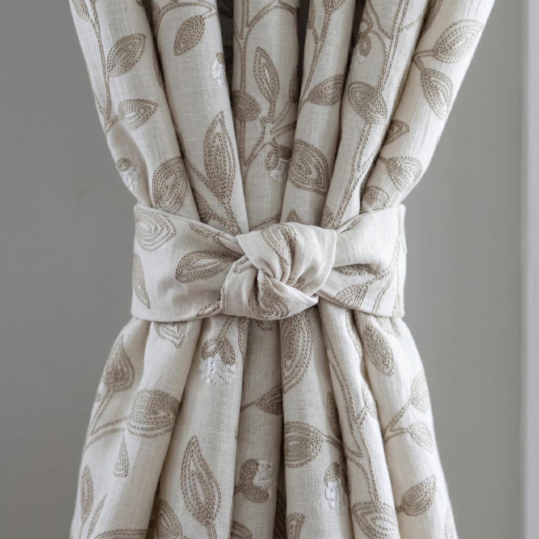 Off White Greige Linen Embroidered Curtains, Taupe Botanical Vine Drapes, Heavy Custom Blackout or Cotton Lined Panels — image 1