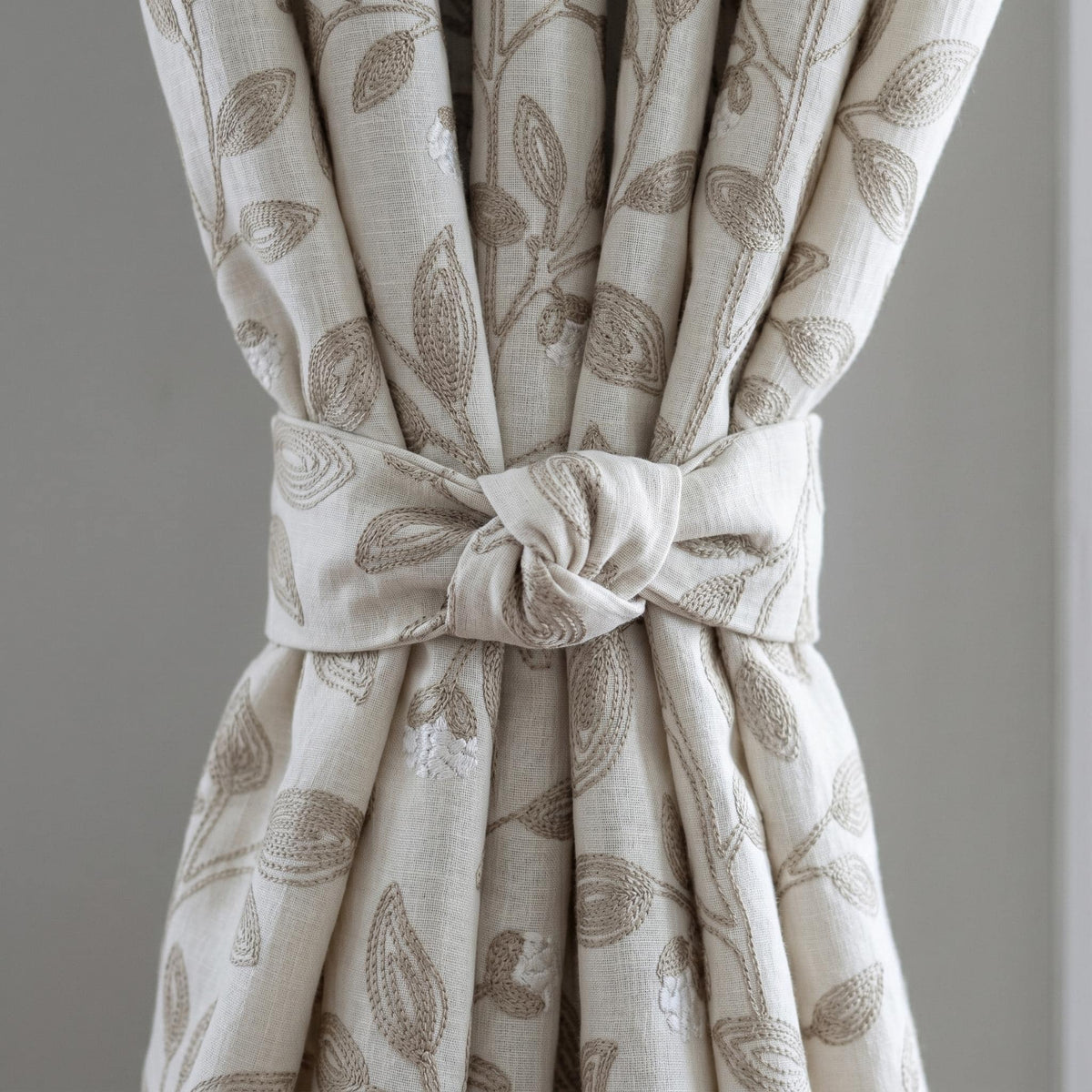 Off White Greige Linen Embroidered Curtains, Taupe Botanical Vine Drapes, Heavy Custom Blackout or Cotton Lined Panels — image 2