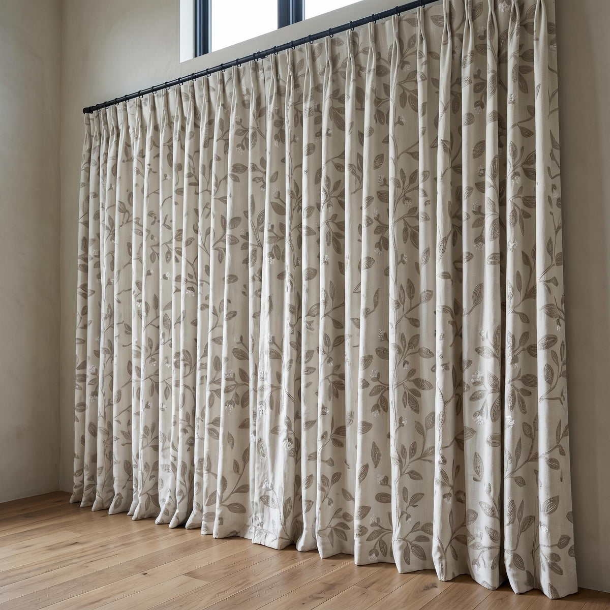 Off White Greige Linen Embroidered Curtains, Taupe Botanical Vine Drapes, Heavy Custom Blackout or Cotton Lined Panels — image 4