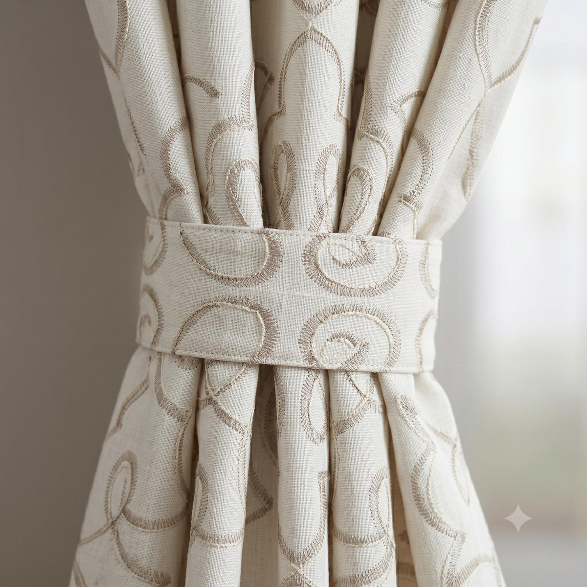 Ivory Pure Linen Curtains, Taupe Embroidered Heavy Drapes, Floral Vine Custom Blackout Cafe Curtains — image 2