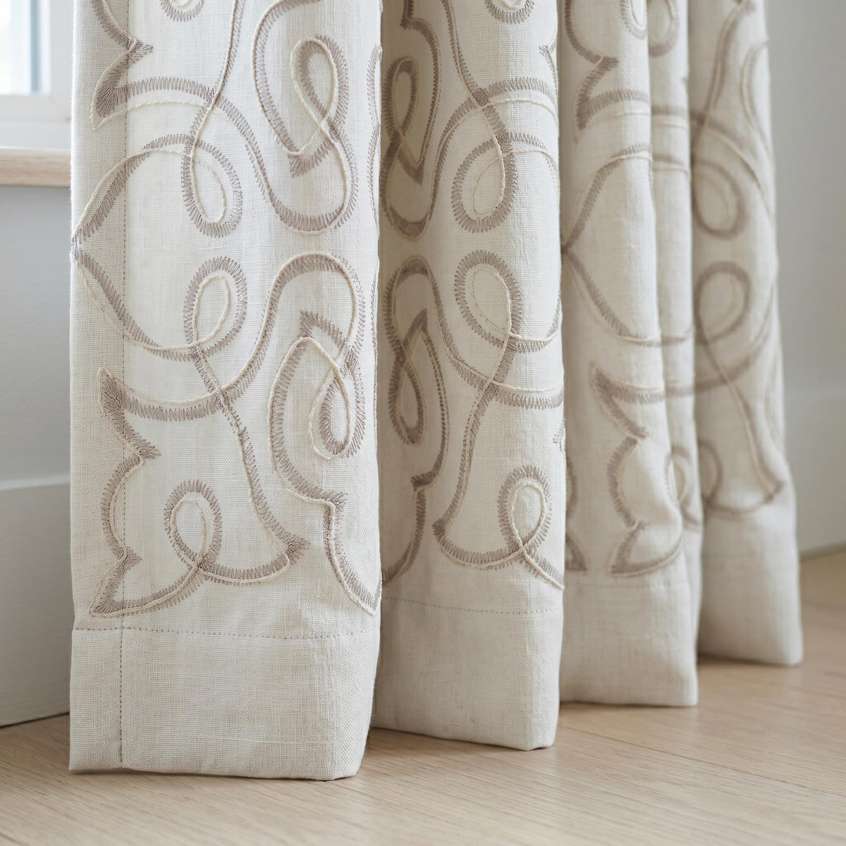 Ivory Pure Linen Curtains, Taupe Embroidered Heavy Drapes, Floral Vine Custom Blackout Cafe Curtains — image 3