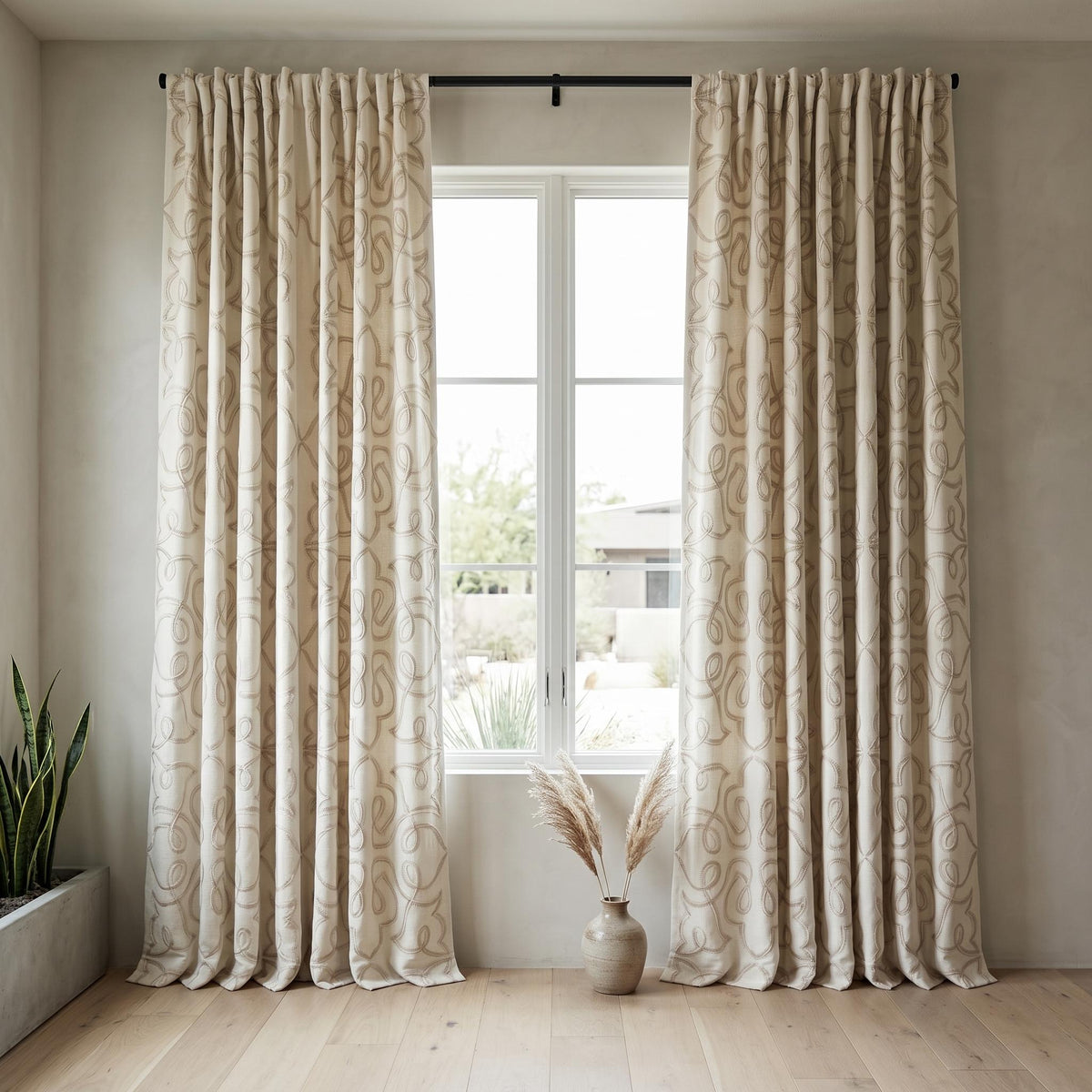 Ivory Pure Linen Curtains, Taupe Embroidered Heavy Drapes, Floral Vine Custom Blackout Cafe Curtains — image 6
