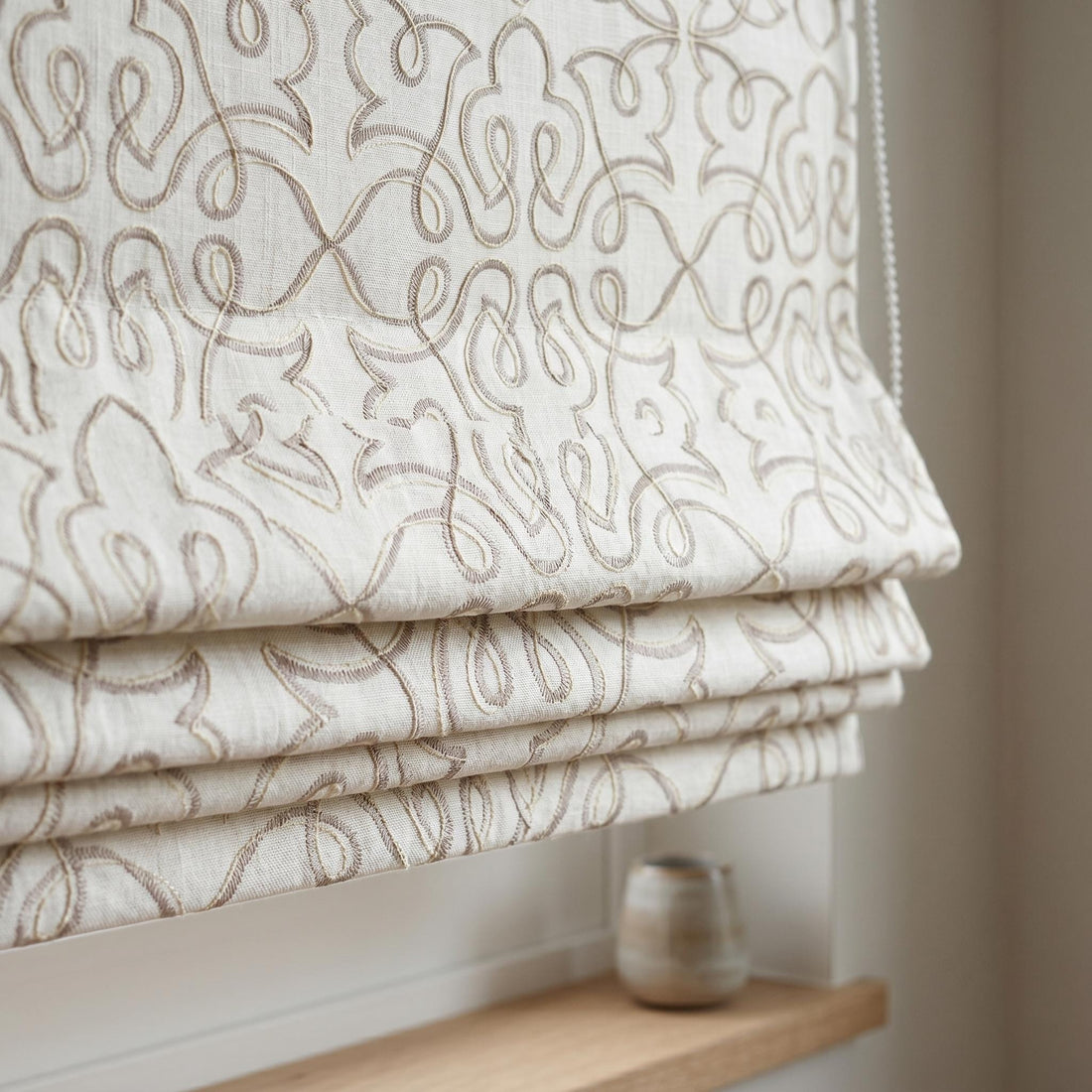 Ivory Embroidered Linen Roman Shade, Taupe Botanical Ogee Custom Corded Roman Blind, Blackout or Light Filtering — image 1
