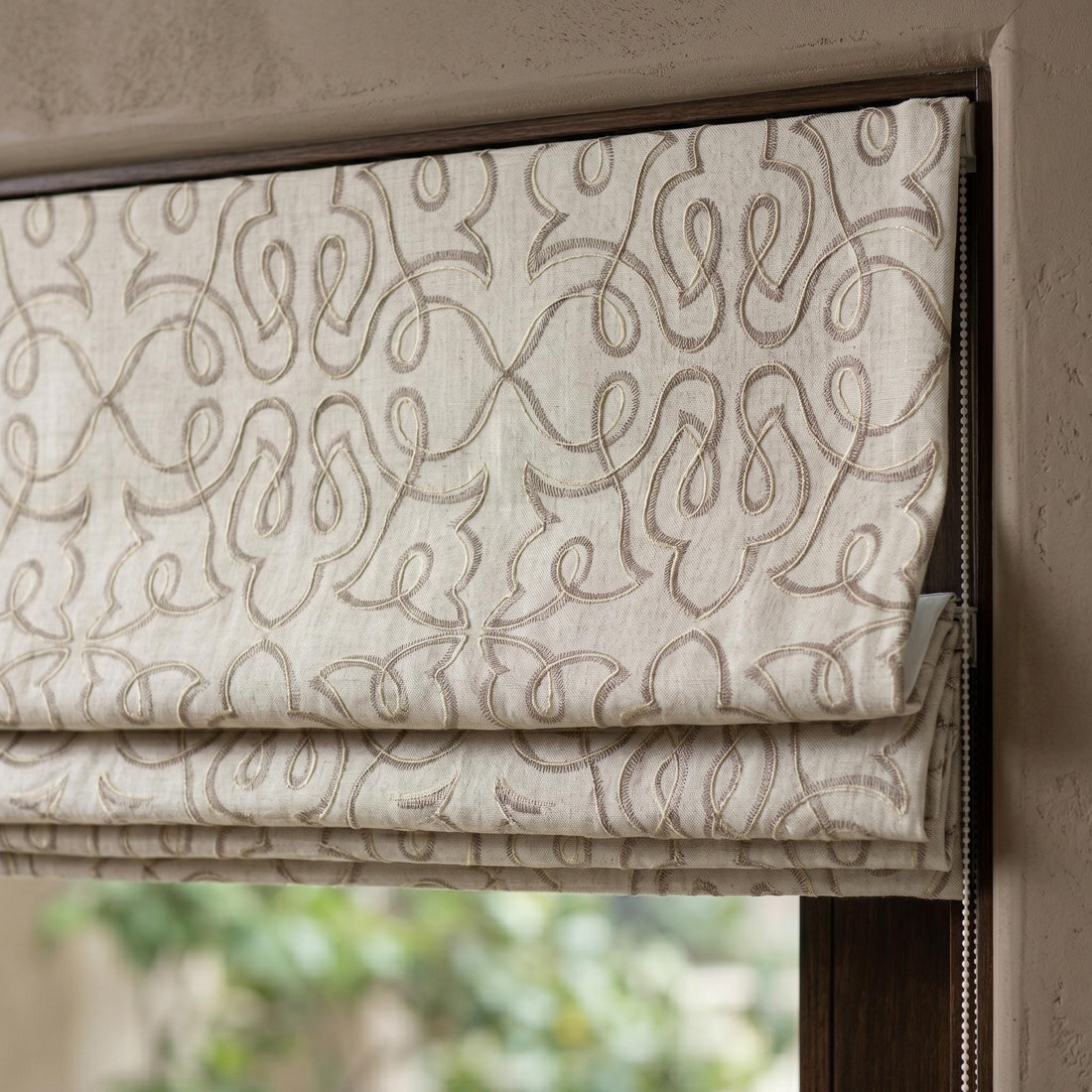 Ivory Embroidered Linen Roman Shade, Taupe Botanical Ogee Custom Corded Roman Blind, Blackout or Light Filtering — image 1