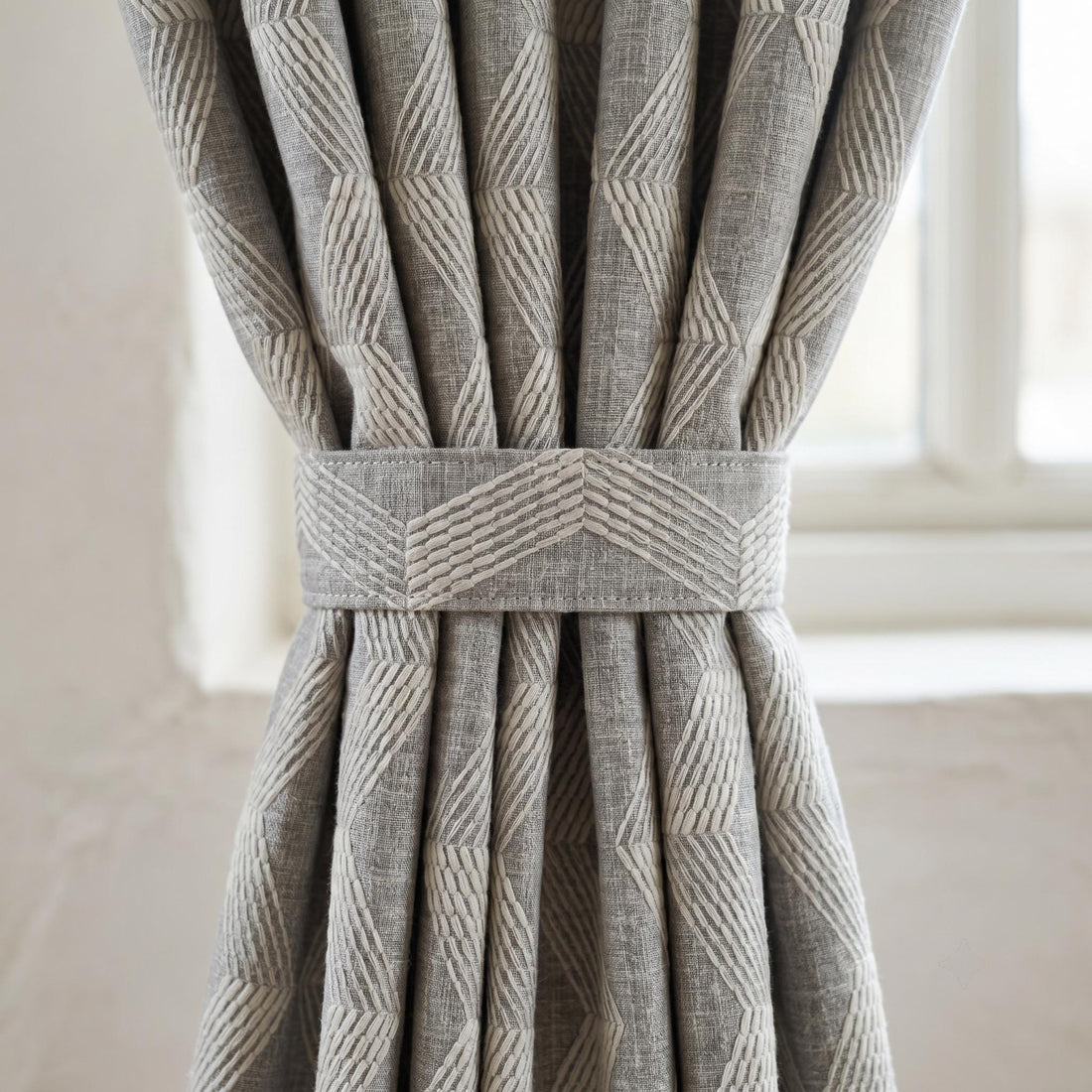 Grey Pure Linen Curtains, Taupe Embroidered Chevron Heavy Drapes, Custom Blackout Cafe Curtains — image 1