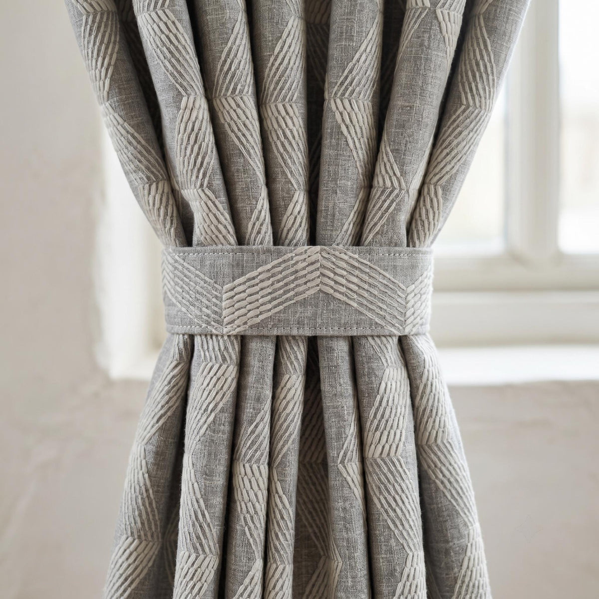 Grey Pure Linen Curtains, Taupe Embroidered Chevron Heavy Drapes, Custom Blackout Cafe Curtains — image 2