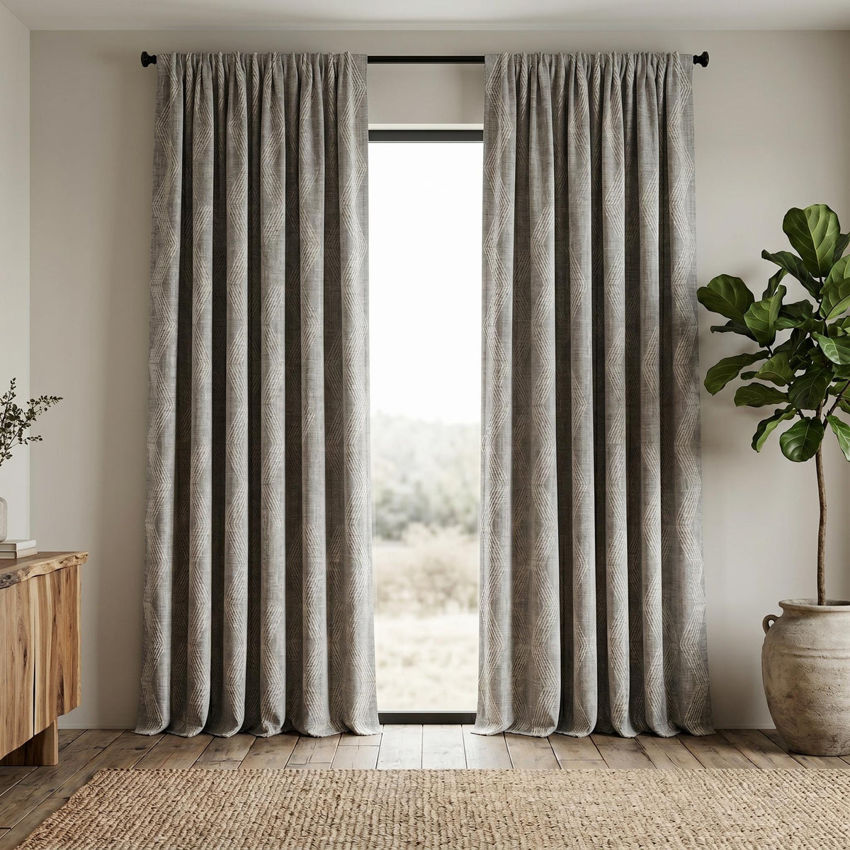 Grey Pure Linen Curtains, Taupe Embroidered Chevron Heavy Drapes, Custom Blackout Cafe Curtains — image 9