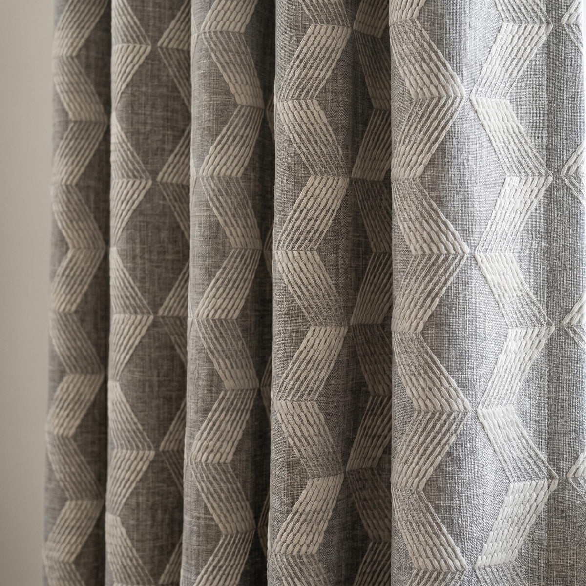 Grey Pure Linen Curtains, Taupe Embroidered Chevron Heavy Drapes, Custom Blackout Cafe Curtains — image 1