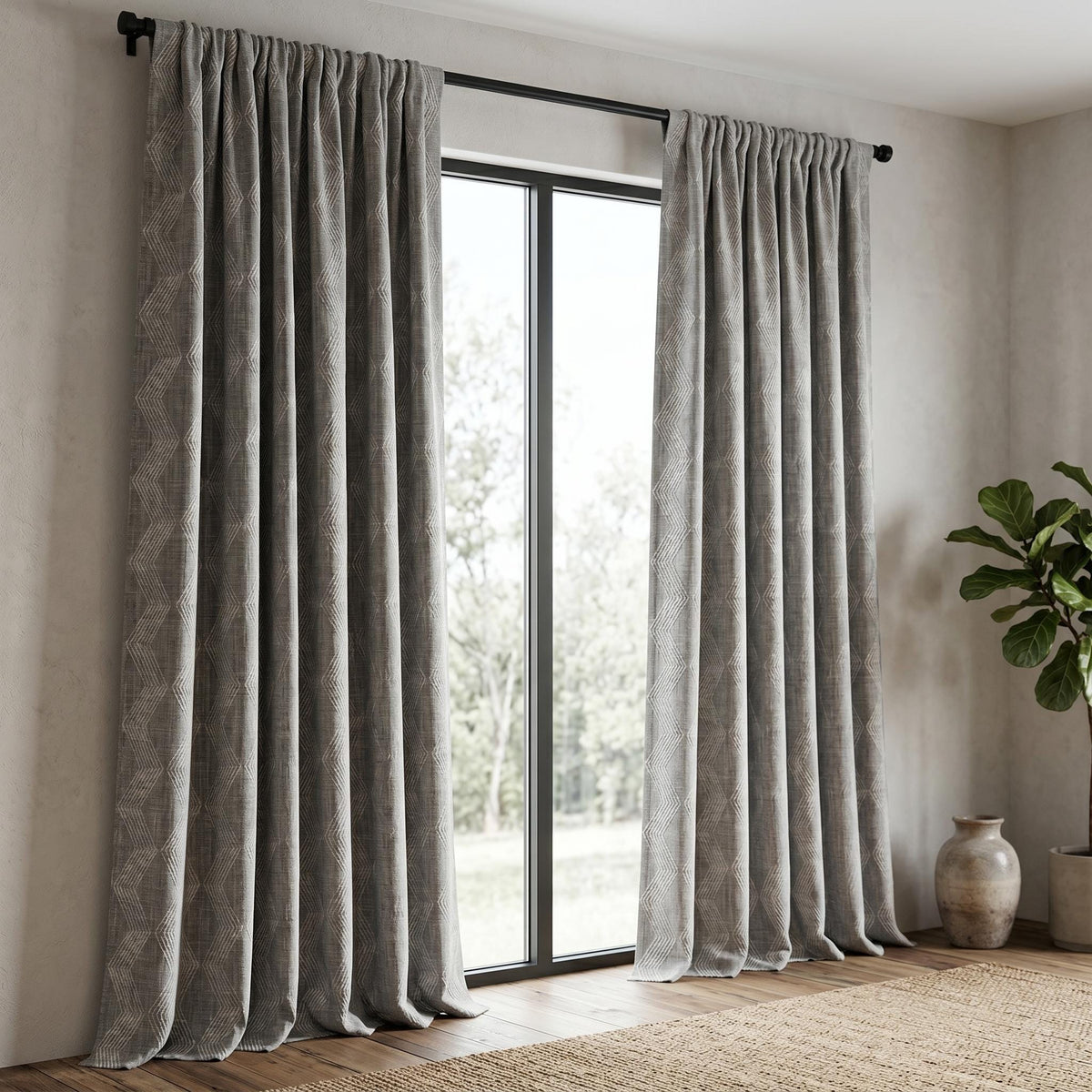Grey Pure Linen Curtains, Taupe Embroidered Chevron Heavy Drapes, Custom Blackout Cafe Curtains — image 10