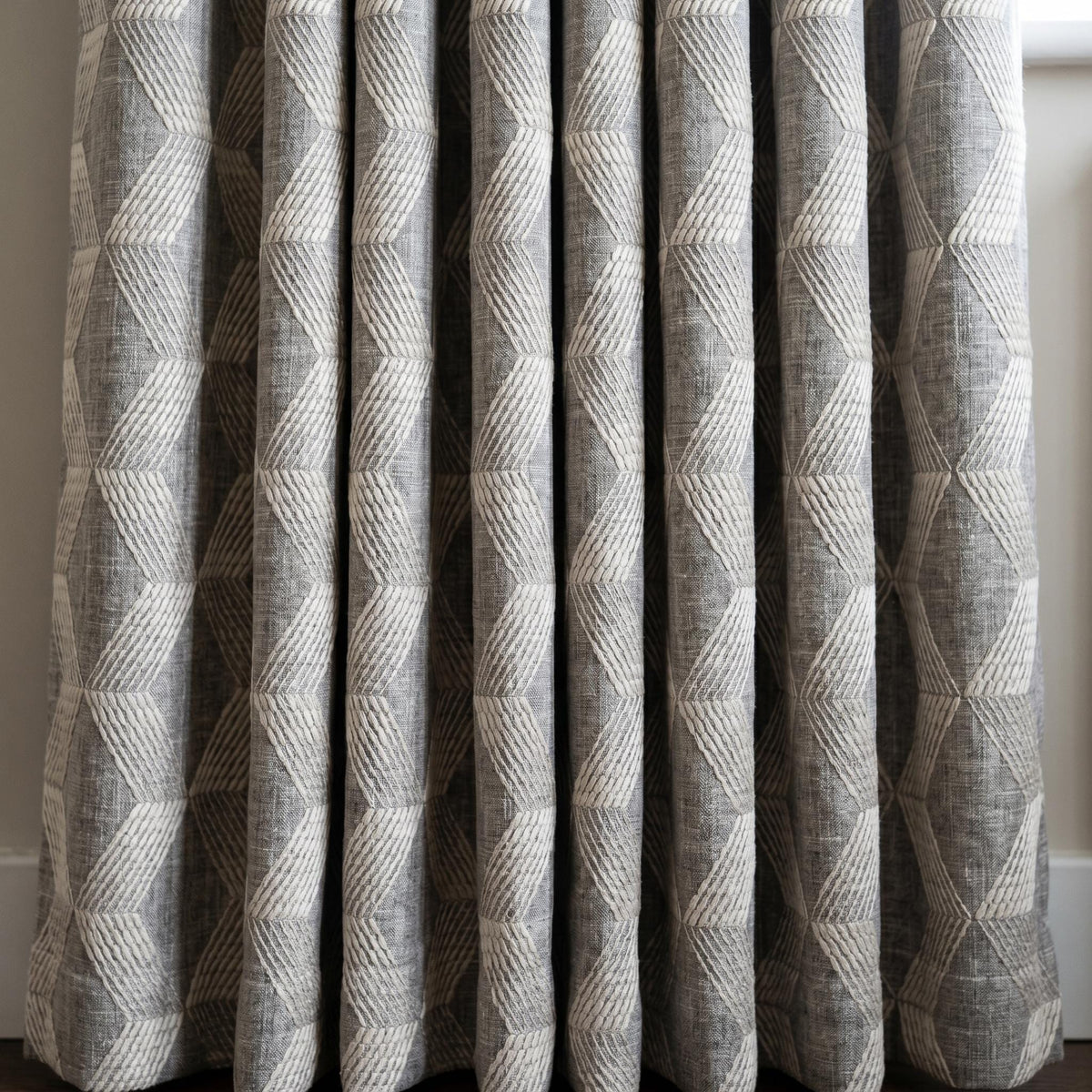 Grey Pure Linen Curtains, Taupe Embroidered Chevron Heavy Drapes, Custom Blackout Cafe Curtains — image 4
