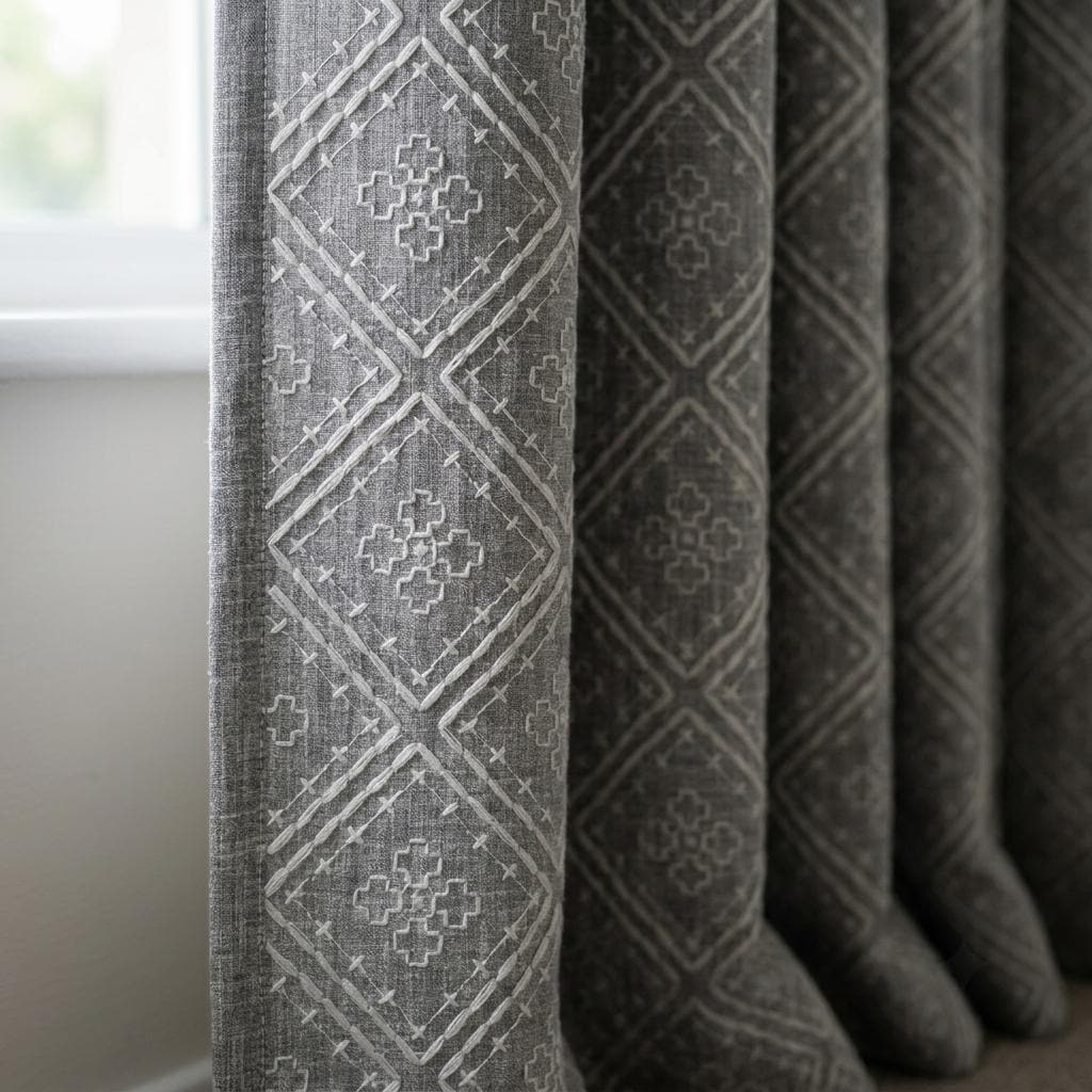 Grey Pure Linen Curtains, Dusty Grey Embroidered Diamond Trellis Drapes, Custom Blackout Cafe Curtains — image 1