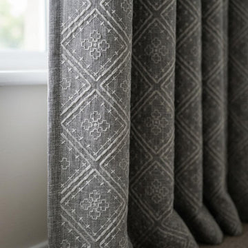 Grey Pure Linen Curtains, Dusty Grey Embroidered Diamond Trellis Drapes, Custom Blackout Cafe Curtains — image 1