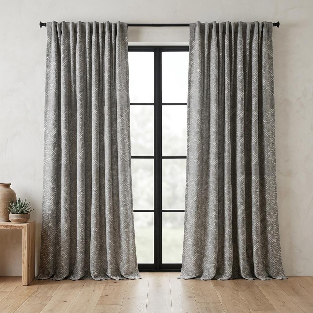 Grey Pure Linen Curtains, Dusty Grey Embroidered Diamond Trellis Drapes, Custom Blackout Cafe Curtains — image 3