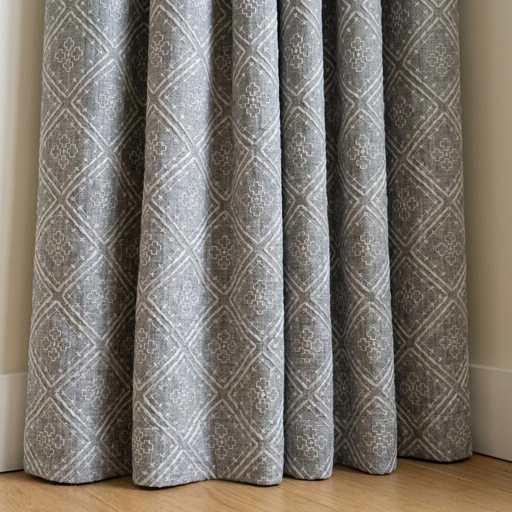 Grey Pure Linen Curtains, Dusty Grey Embroidered Diamond Trellis Drapes, Custom Blackout Cafe Curtains — image 6