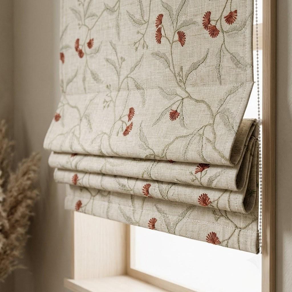 Embroidered Linen Roman Shade, Natural Oatmeal Beige Botanical Blind, Sage Green Vine Rust Red Floral Window Shade — image 2
