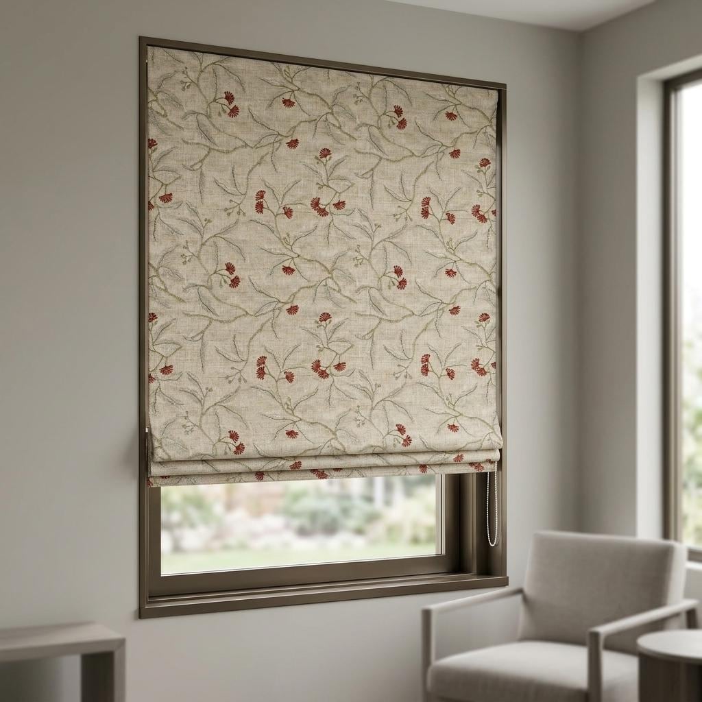 Embroidered Linen Roman Shade, Natural Oatmeal Beige Botanical Blind, Sage Green Vine Rust Red Floral Window Shade — image 3