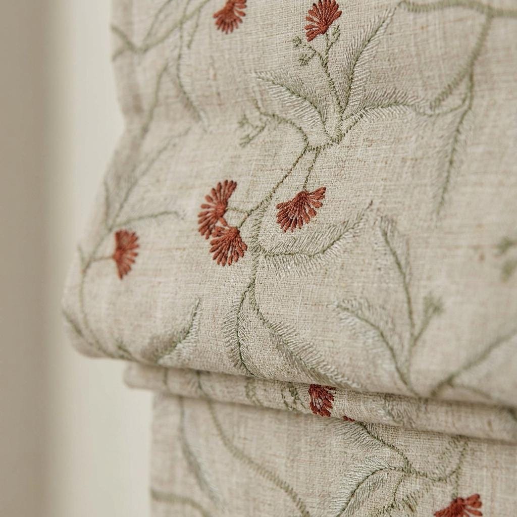 Embroidered Linen Roman Shade, Natural Oatmeal Beige Botanical Blind, Sage Green Vine Rust Red Floral Window Shade — image 4