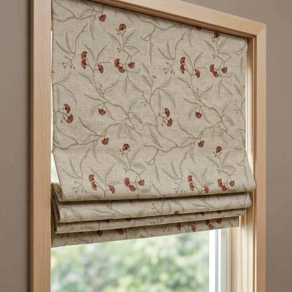 Embroidered Linen Roman Shade, Natural Oatmeal Beige Botanical Blind, Sage Green Vine Rust Red Floral Window Shade — image 5