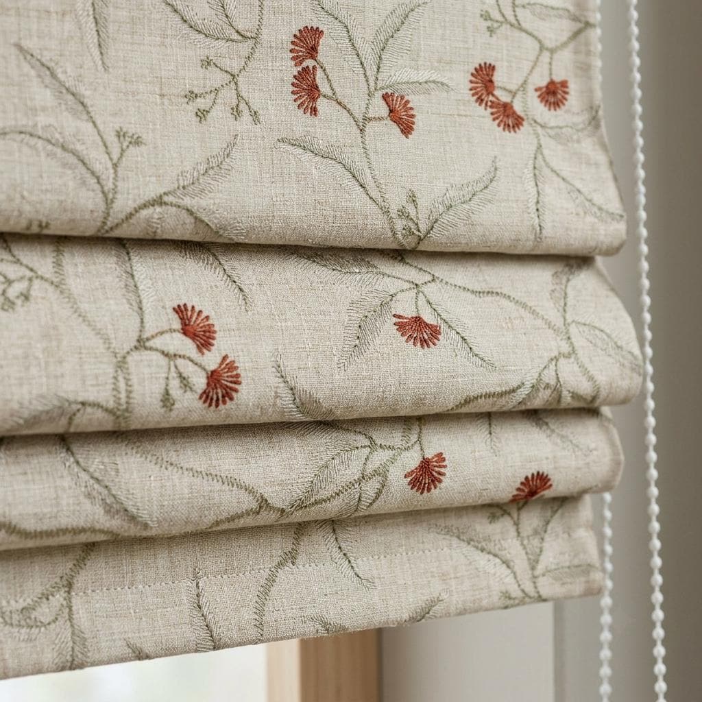 Embroidered Linen Roman Shade, Natural Oatmeal Beige Botanical Blind, Sage Green Vine Rust Red Floral Window Shade — image 1