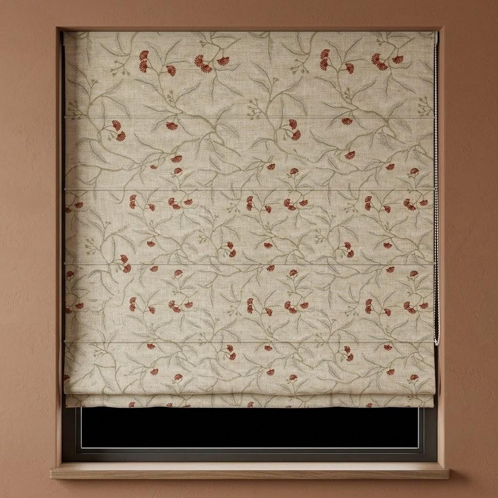 Embroidered Linen Roman Shade, Natural Oatmeal Beige Botanical Blind, Sage Green Vine Rust Red Floral Window Shade — image 8