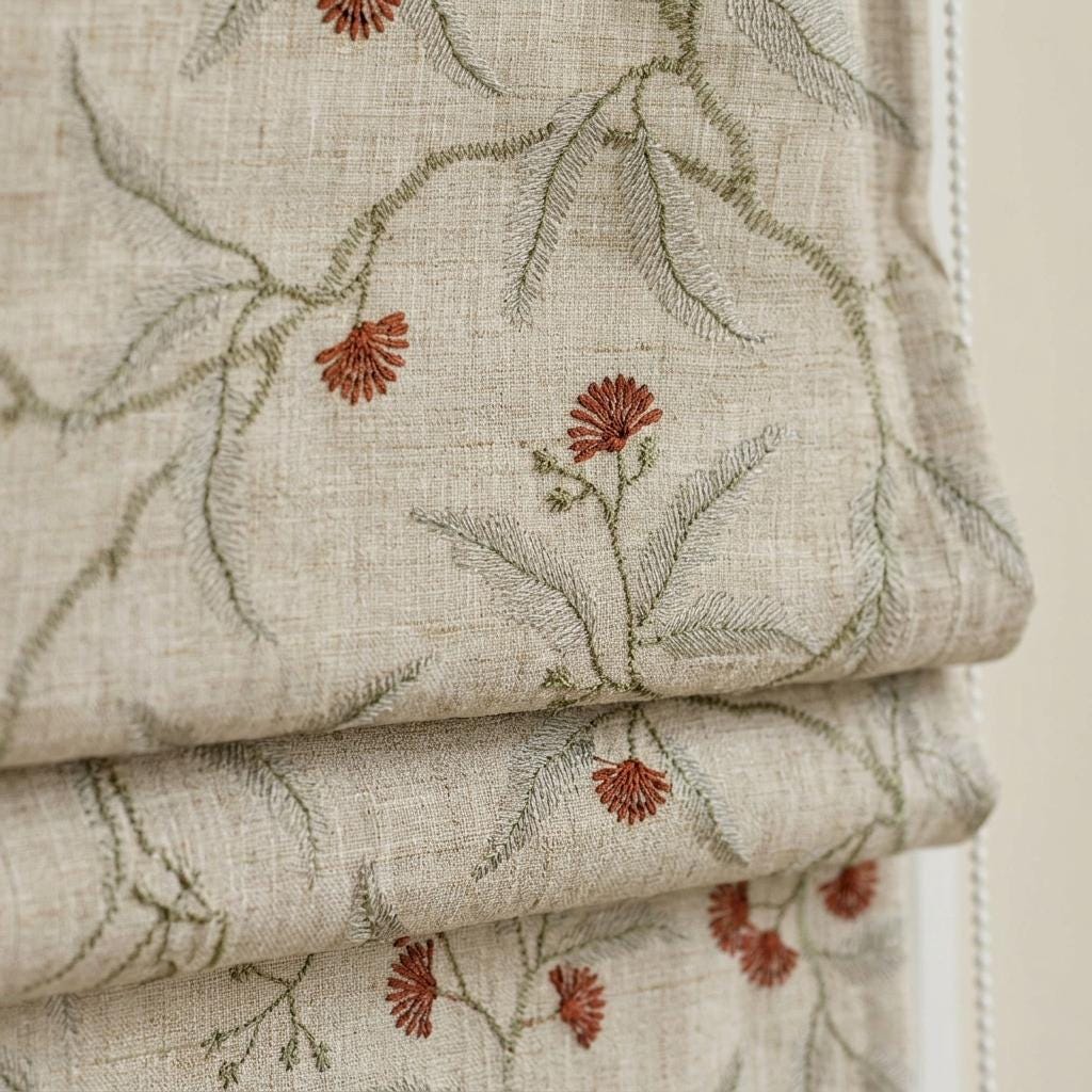Embroidered Linen Roman Shade, Natural Oatmeal Beige Botanical Blind, Sage Green Vine Rust Red Floral Window Shade — image 7