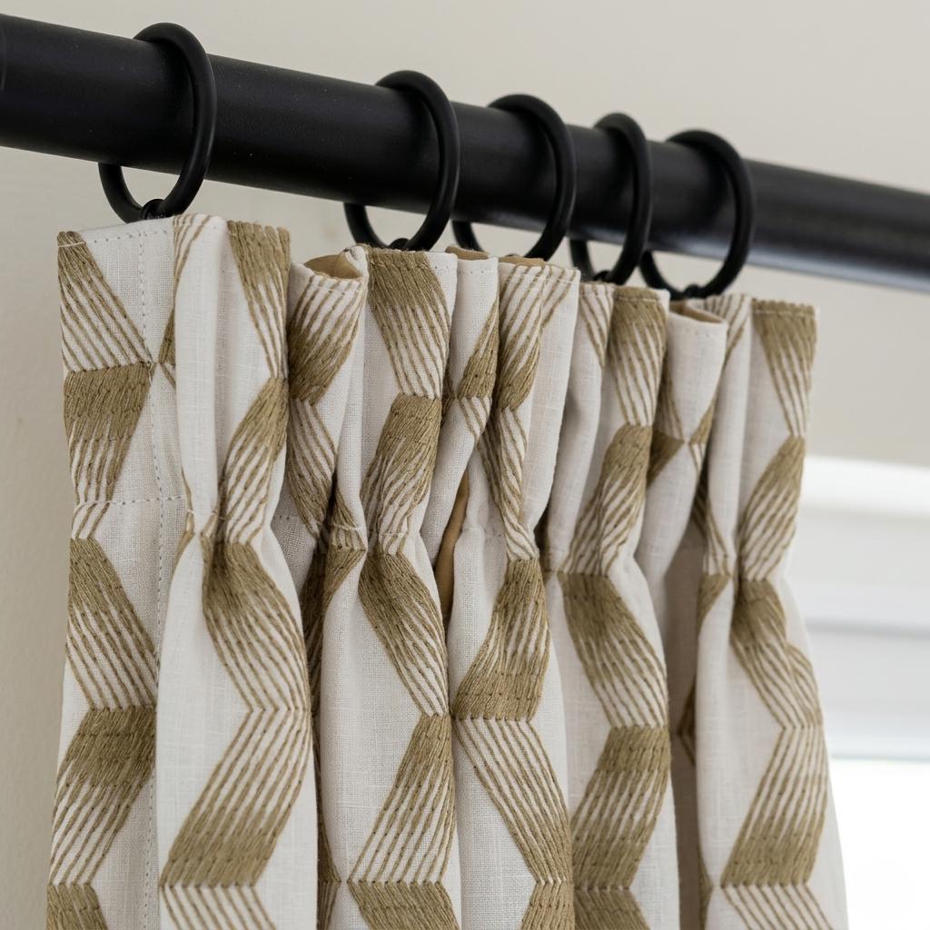 Pure White Linen Embroidered Curtains, Gold Beige Geometric Drapes, Heavy Custom Blackout Cotton Panels — image 7