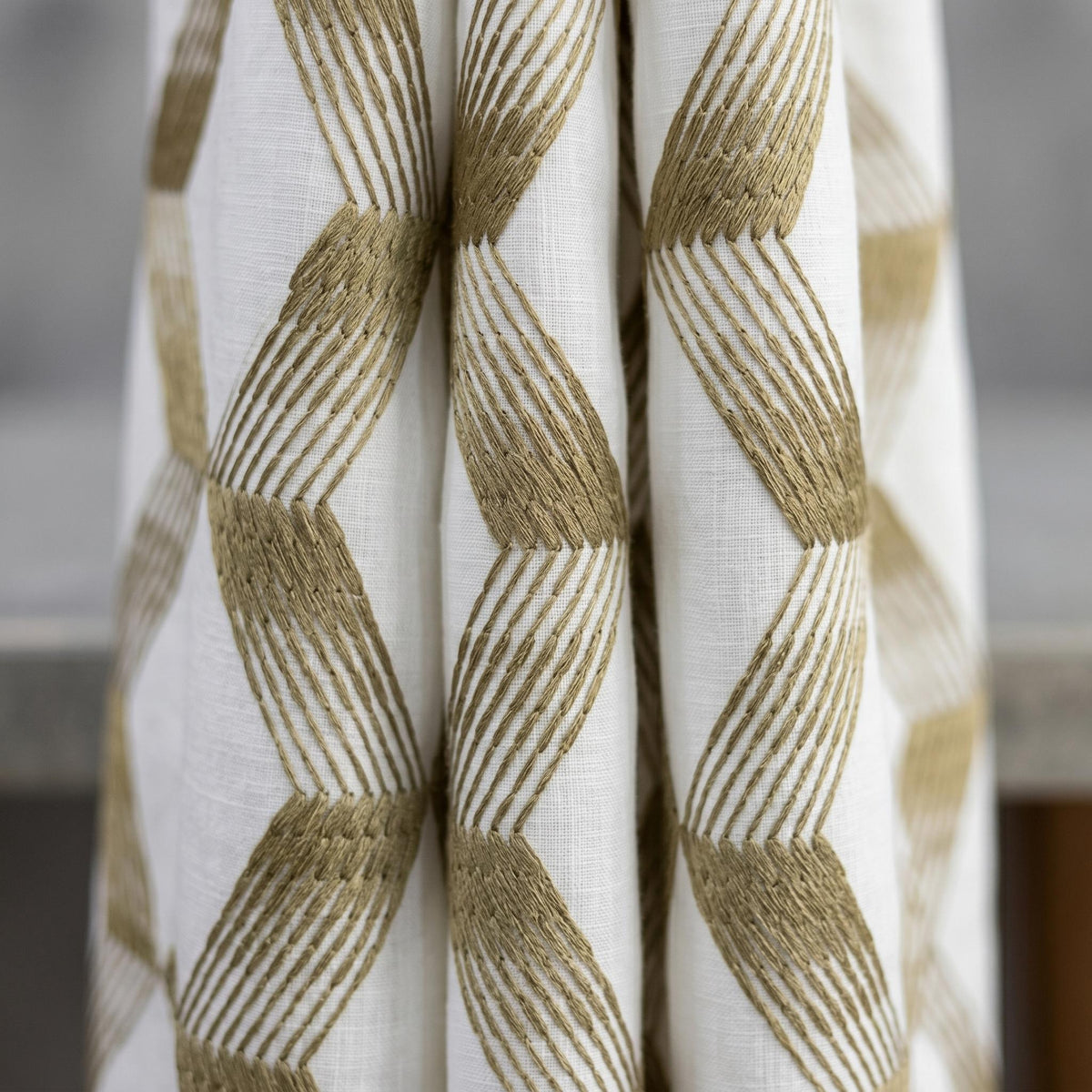 Pure White Linen Embroidered Curtains, Gold Beige Geometric Drapes, Heavy Custom Blackout Cotton Panels — image 5