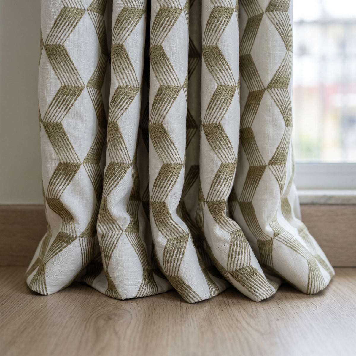 Pure White Linen Embroidered Curtains, Gold Beige Geometric Drapes, Heavy Custom Blackout Cotton Panels — image 4