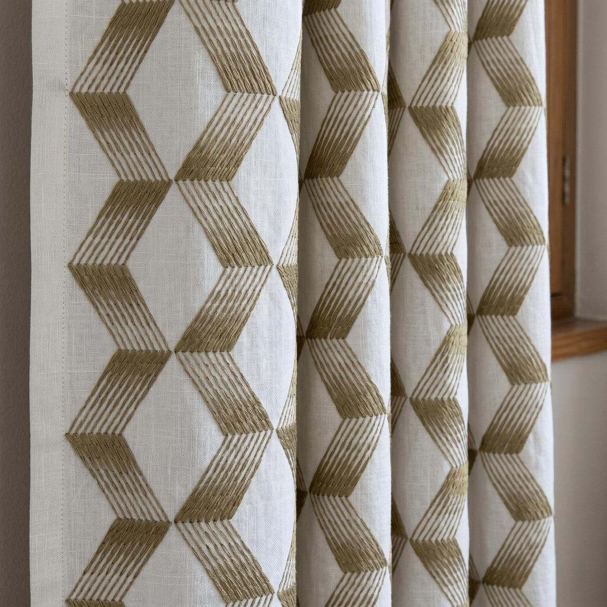 Pure White Linen Embroidered Curtains, Gold Beige Geometric Drapes, Heavy Custom Blackout Cotton Panels — image 1