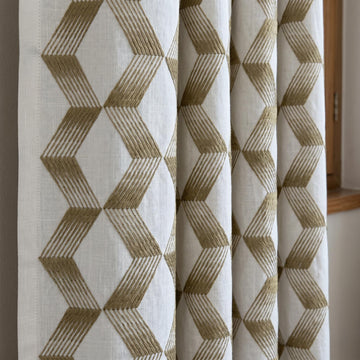 Pure White Linen Embroidered Curtains, Gold Beige Geometric Drapes, Heavy Custom Blackout Cotton Panels — image 1