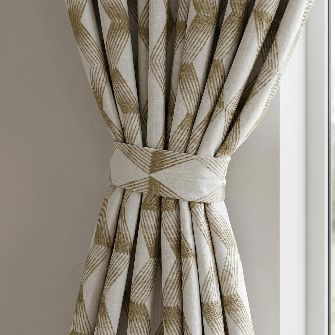 Pure White Linen Embroidered Curtains, Gold Beige Geometric Drapes, Heavy Custom Blackout Cotton Panels — image 1