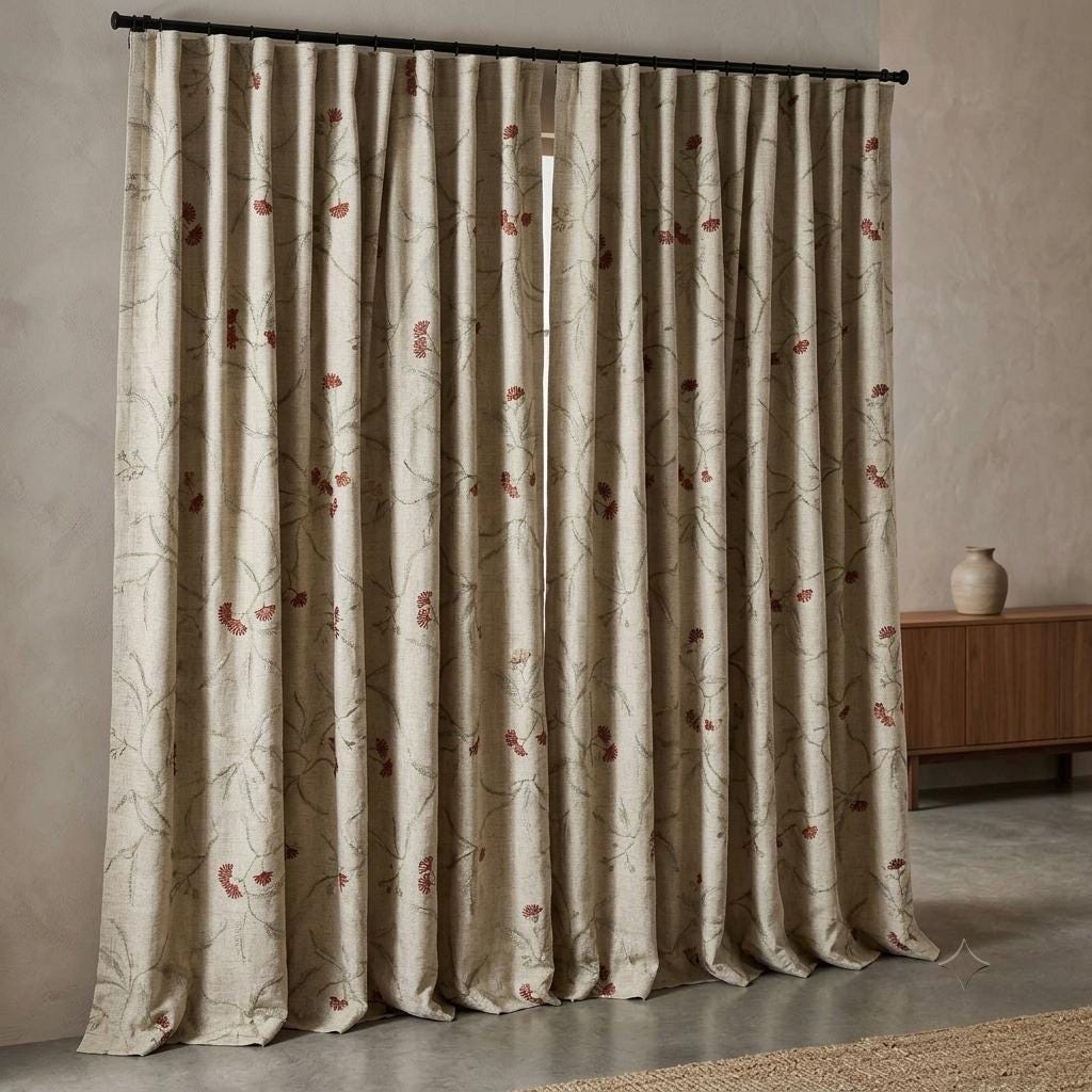 Heavy Linen Embroidered Curtains, Natural Oatmeal Floral Vine Drapes, Rust Red Flower Blackout or Cotton Lined Panels — image 10