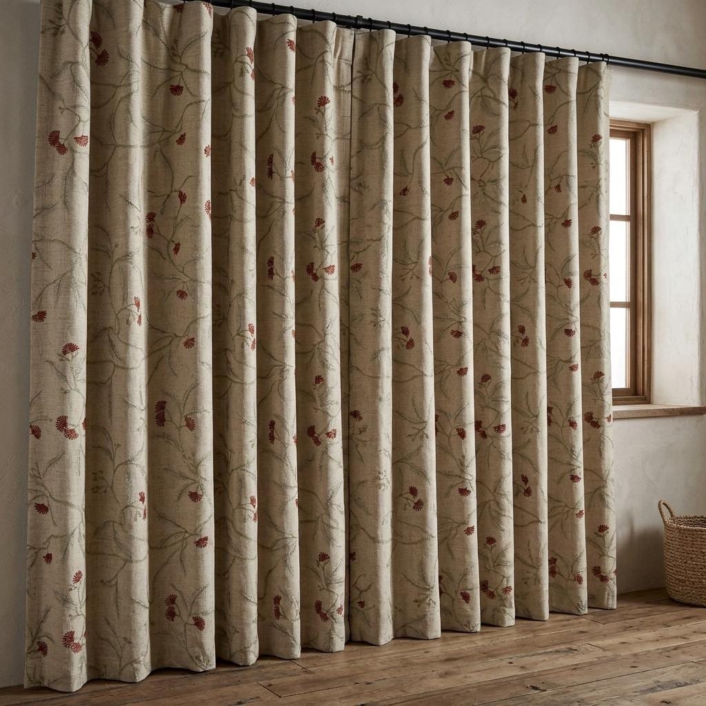 Heavy Linen Embroidered Curtains, Natural Oatmeal Floral Vine Drapes, Rust Red Flower Blackout or Cotton Lined Panels — image 9