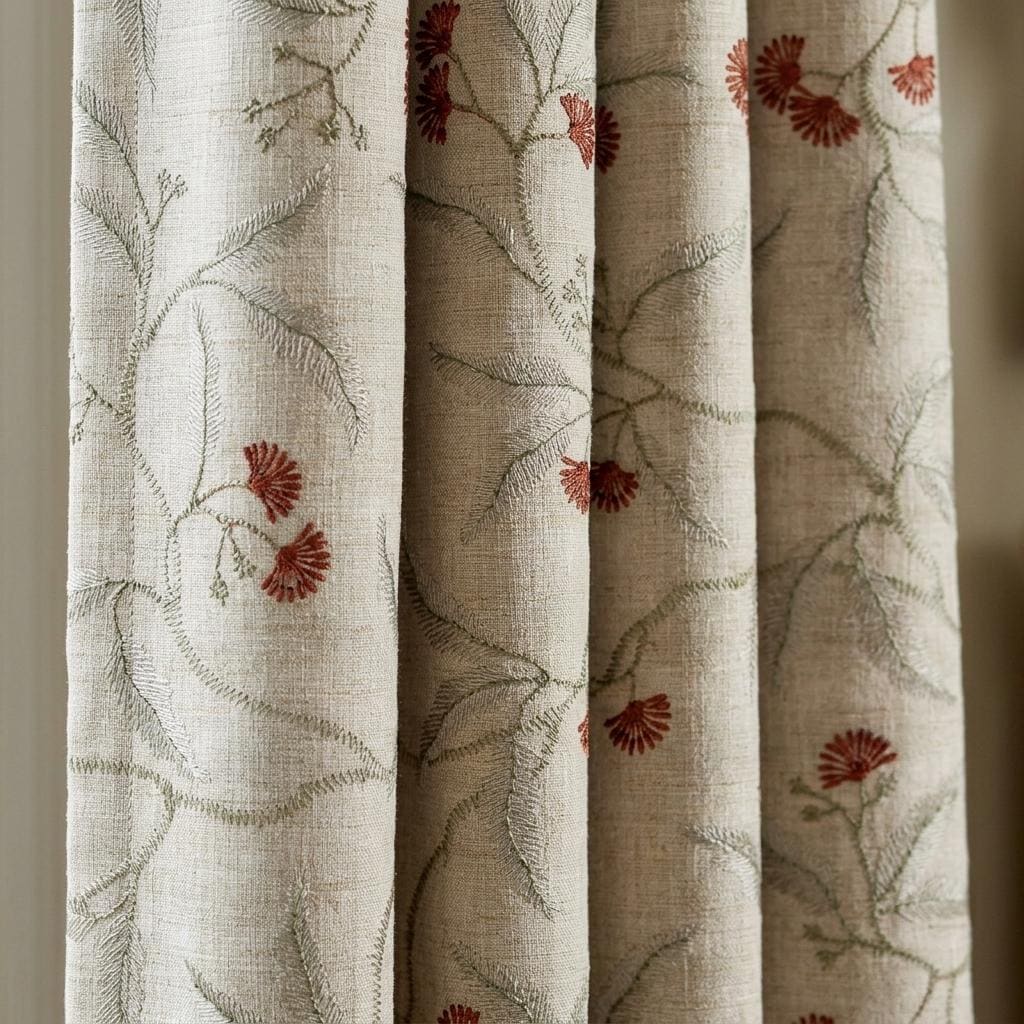 Heavy Linen Embroidered Curtains, Natural Oatmeal Floral Vine Drapes, Rust Red Flower Blackout or Cotton Lined Panels — image 2