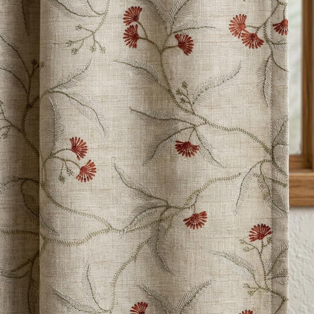 Heavy Linen Embroidered Curtains, Natural Oatmeal Floral Vine Drapes, Rust Red Flower Blackout or Cotton Lined Panels — image 1