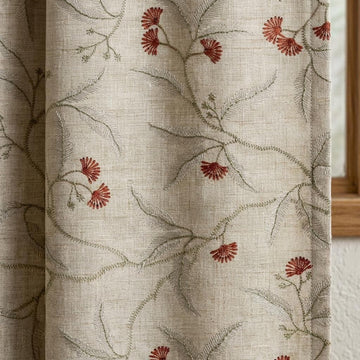 Heavy Linen Embroidered Curtains, Natural Oatmeal Floral Vine Drapes, Rust Red Flower Blackout or Cotton Lined Panels — image 1