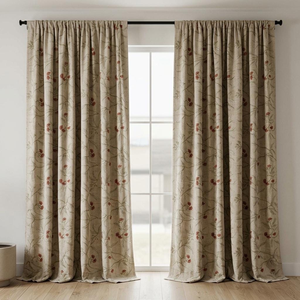 Heavy Linen Embroidered Curtains, Natural Oatmeal Floral Vine Drapes, Rust Red Flower Blackout or Cotton Lined Panels — image 6