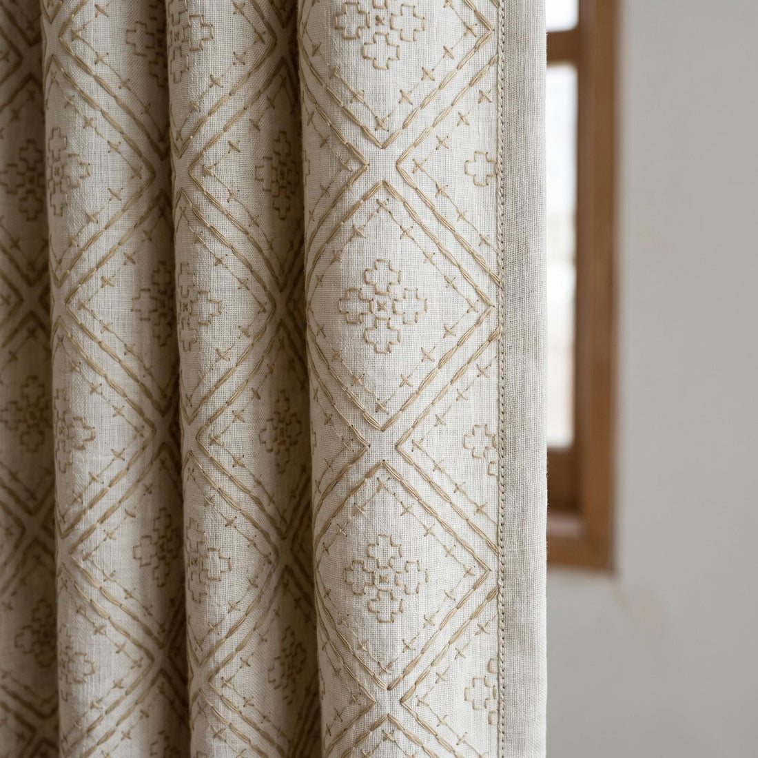Neutral Off White Linen Embroidered Curtains, Beige Geometric Diamond Drapes, Heavy Custom Blackout or Cotton Panels — image 1