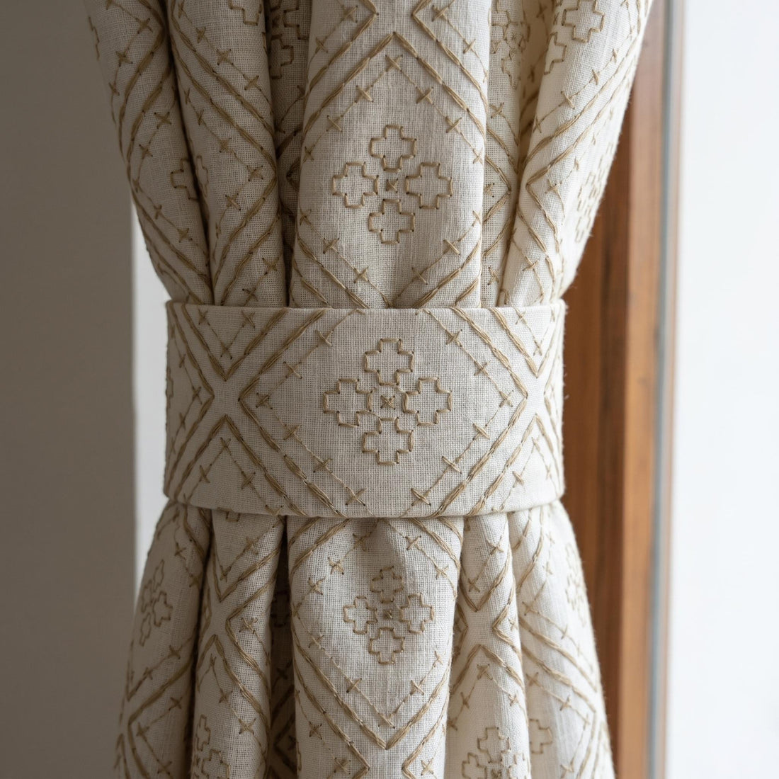 Neutral Off White Linen Embroidered Curtains, Beige Geometric Diamond Drapes, Heavy Custom Blackout or Cotton Panels — image 1