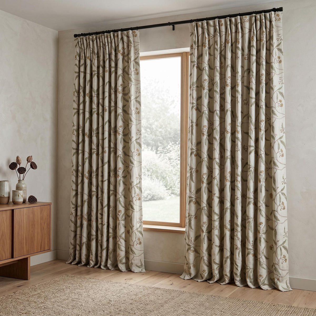 Heavy Linen Embroidered Curtains, Ivory Floral Vine Drapes, Sage Green Leaf Blackout or Cotton Lined Panels — image 8