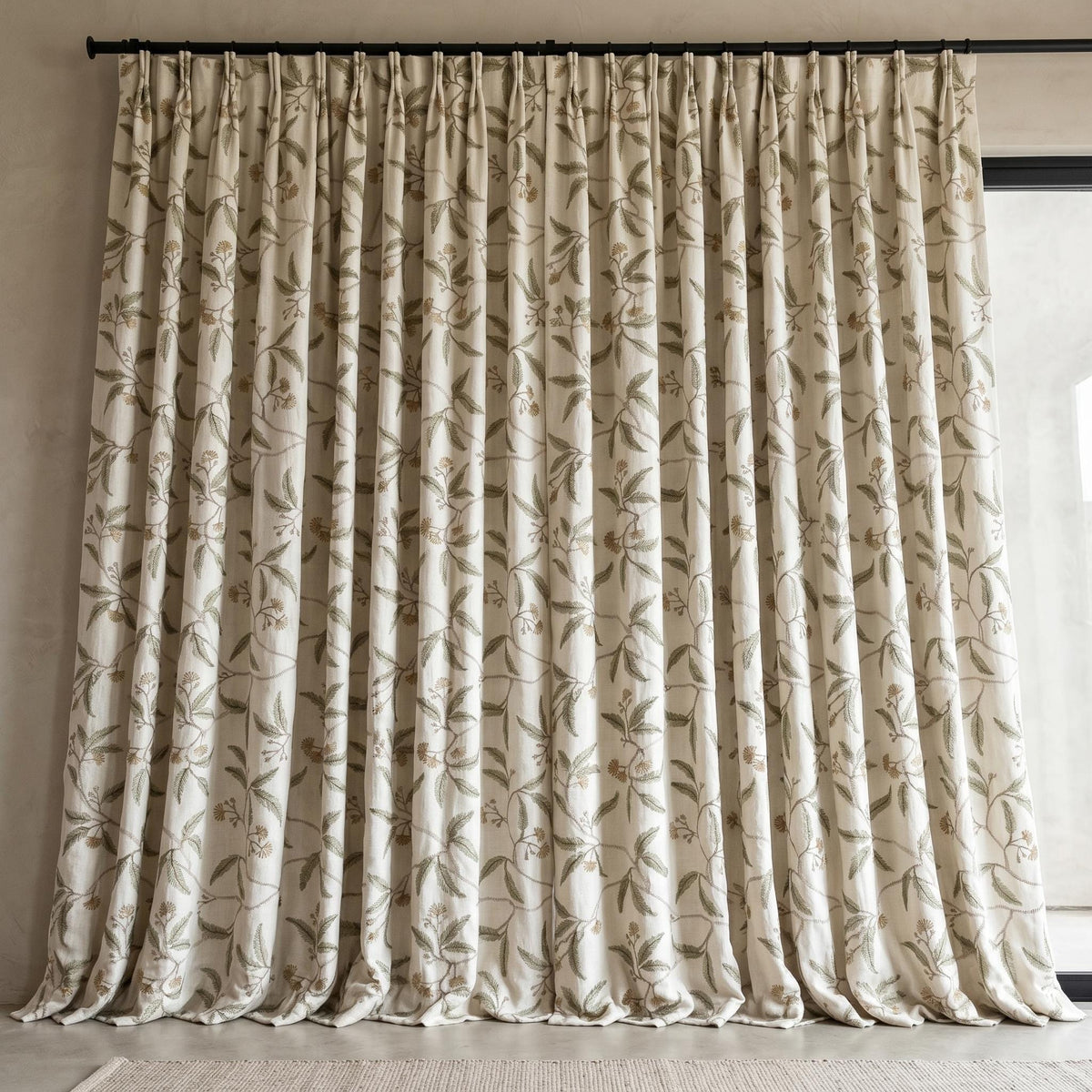 Heavy Linen Embroidered Curtains, Ivory Floral Vine Drapes, Sage Green Leaf Blackout or Cotton Lined Panels — image 9