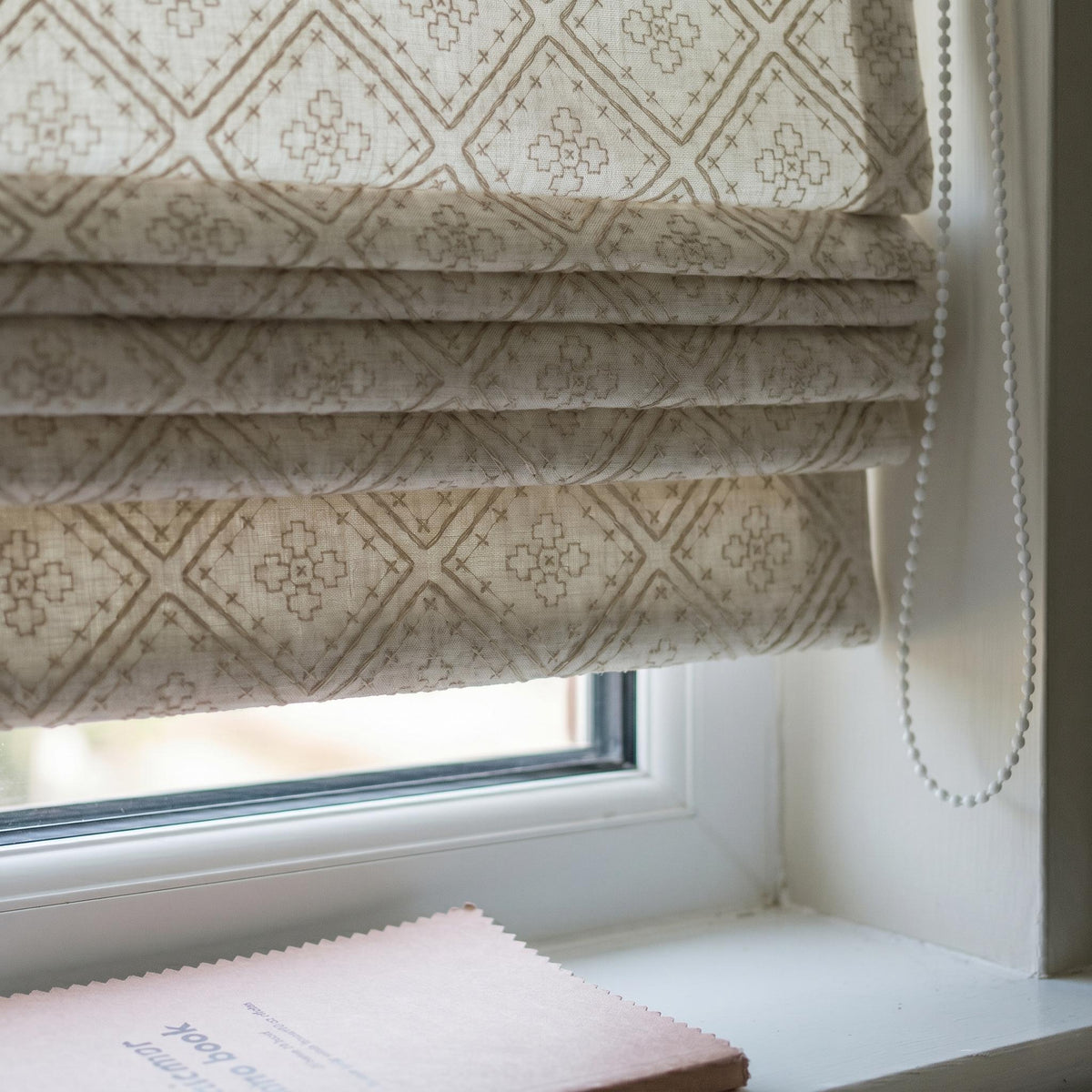 Off White Linen Roman Shade, Taupe Geometric Diamond Embroidered Corded Blind, Custom Blackout Window Shade — image 7