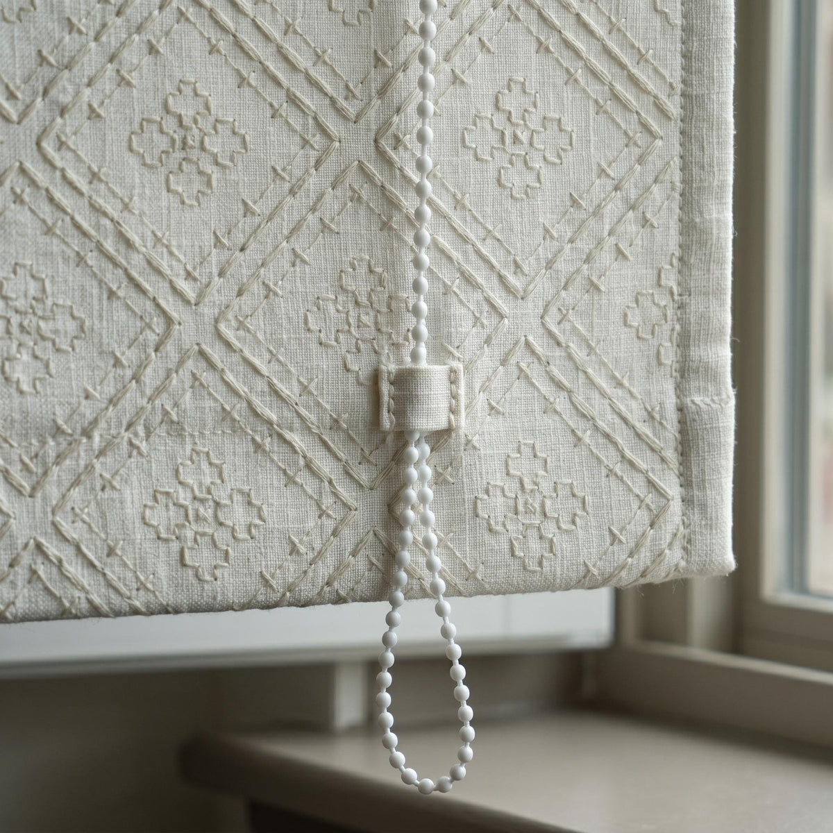 Off White Linen Roman Shade, Taupe Geometric Diamond Embroidered Corded Blind, Custom Blackout Window Shade — image 8