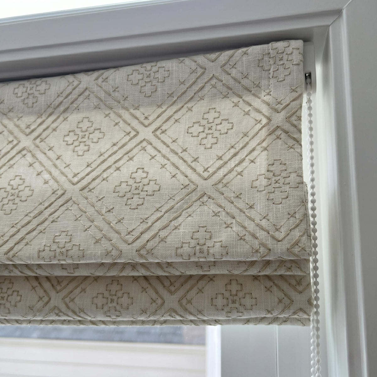 Off White Linen Roman Shade, Taupe Geometric Diamond Embroidered Corded Blind, Custom Blackout Window Shade — image 3