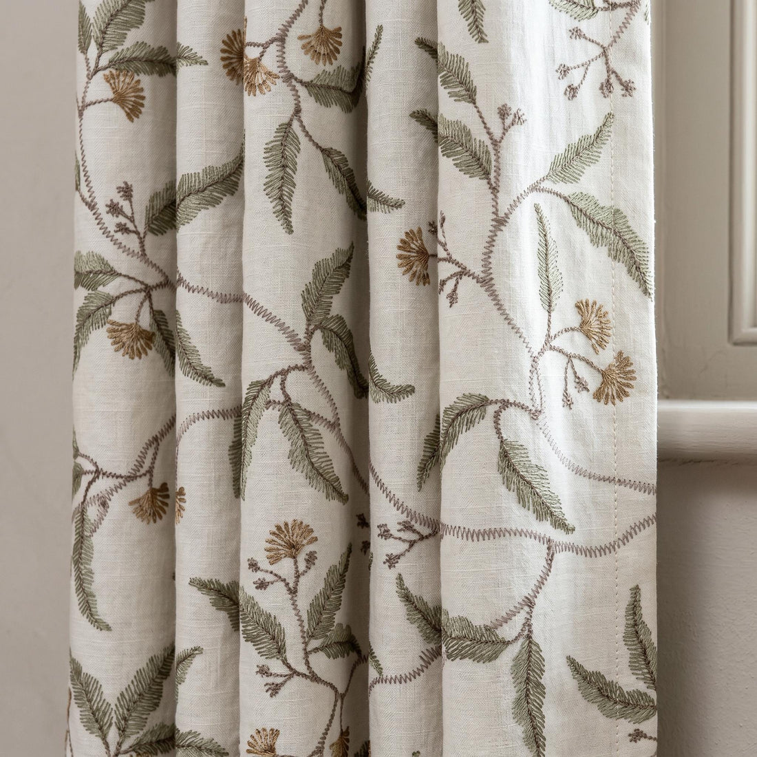 Heavy Linen Embroidered Curtains, Ivory Floral Vine Drapes, Sage Green Leaf Blackout or Cotton Lined Panels — image 1