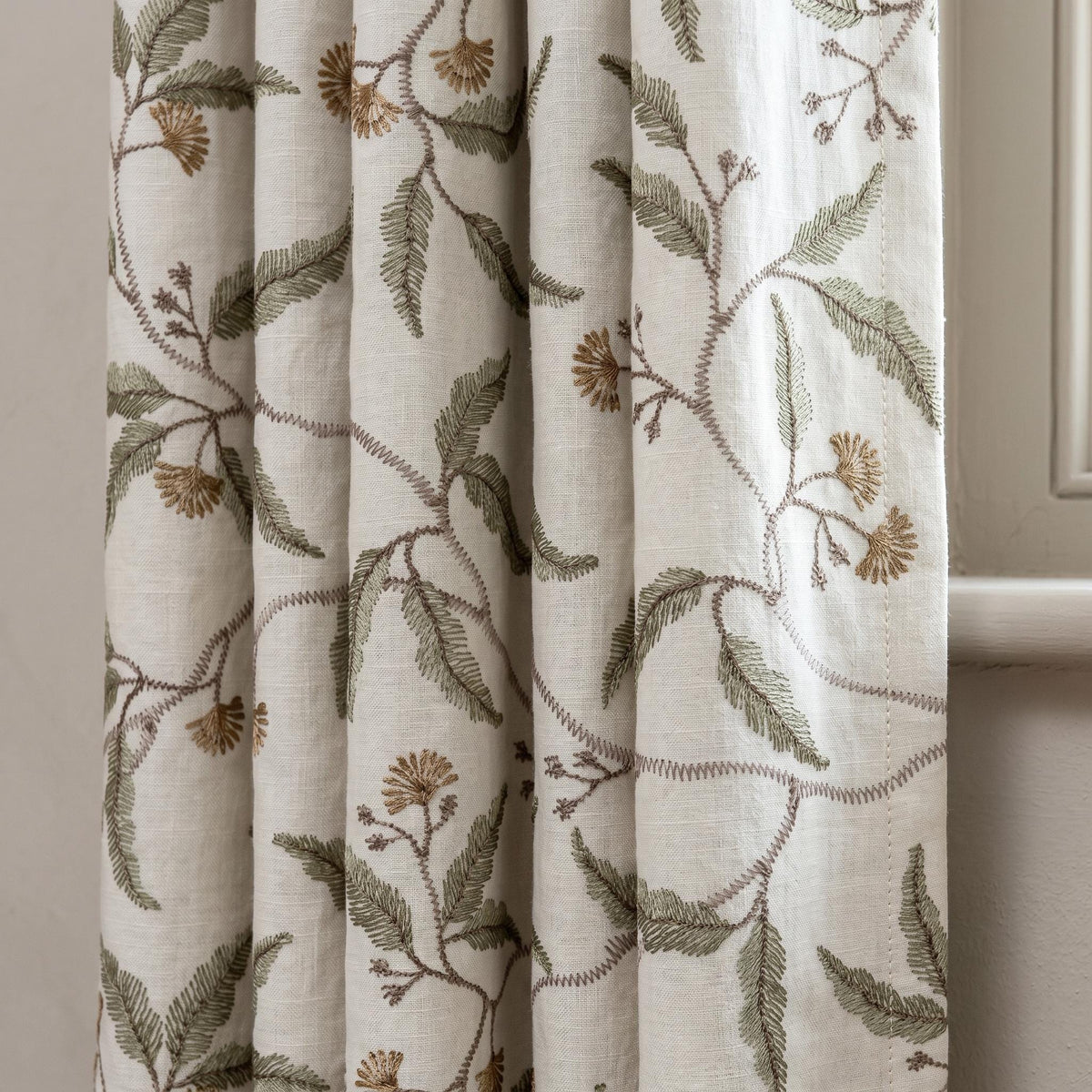 Heavy Linen Embroidered Curtains, Ivory Floral Vine Drapes, Sage Green Leaf Blackout or Cotton Lined Panels — image 1